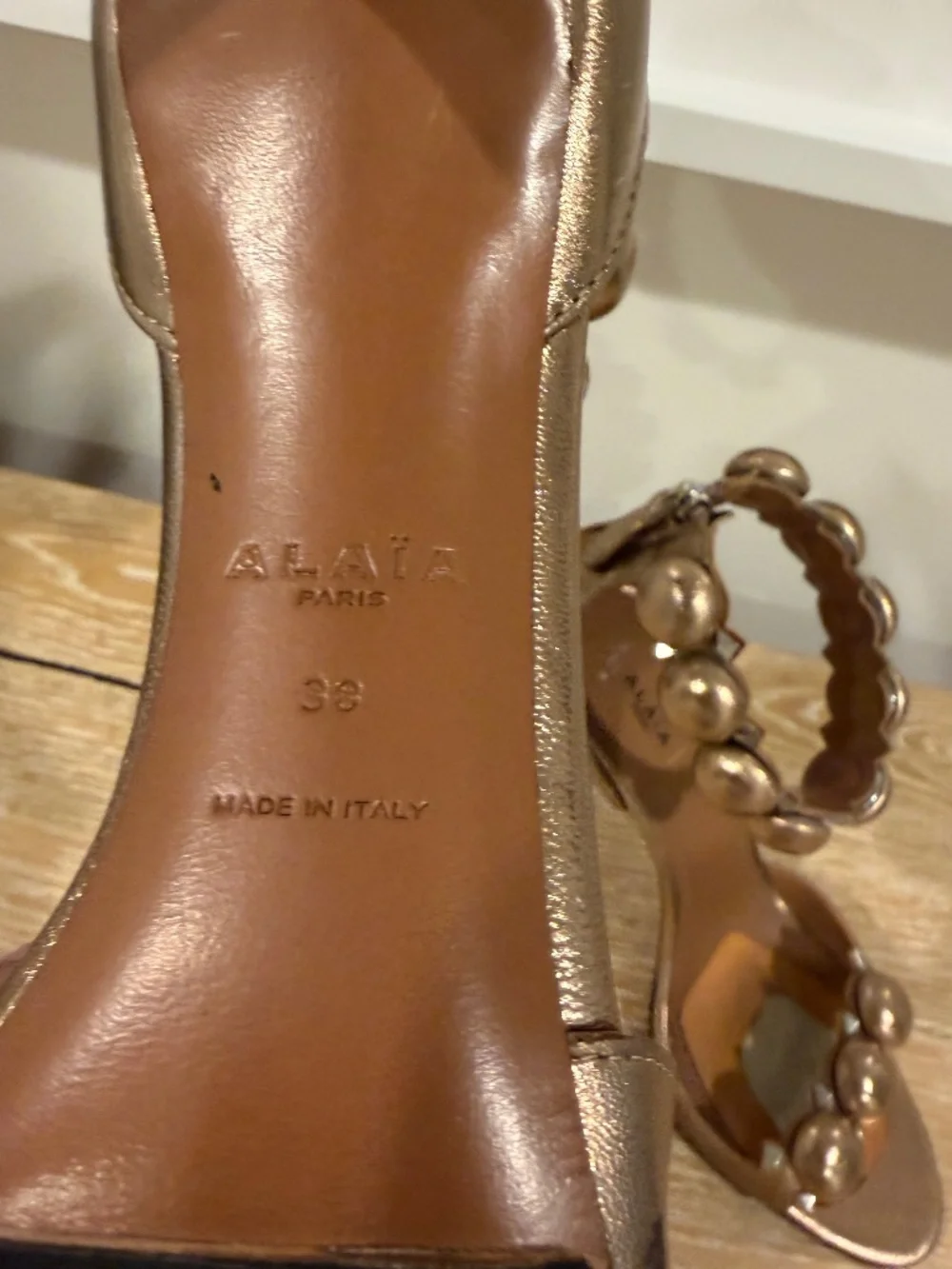 Alaia Sandals Metallic Bronze Leather Bombe Ankle Strap Size 38